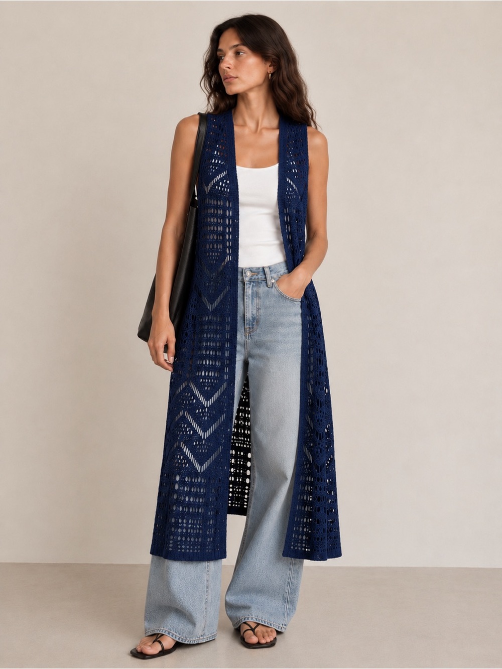 Cato Navy Blue Crochet Duster Cardigan Open-Knit Sleeveless Vest Size XS